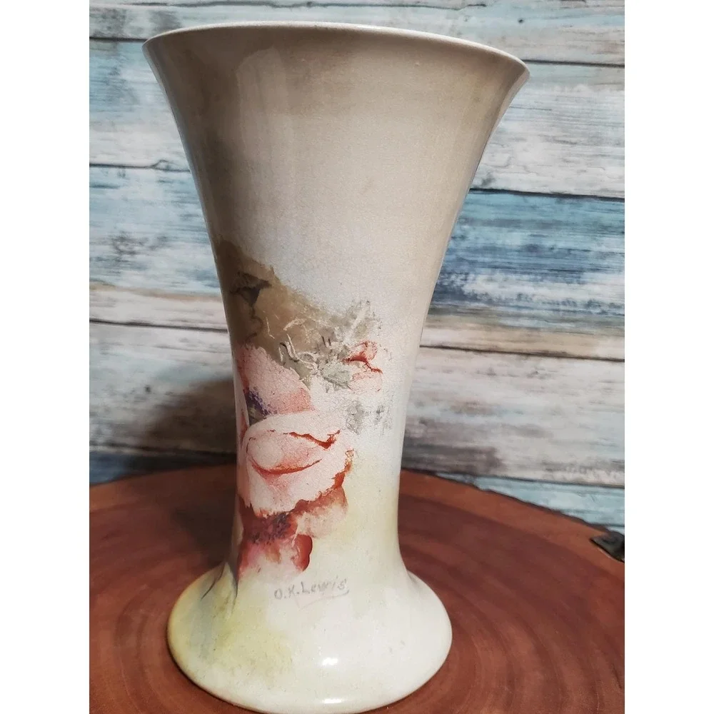 Vintage 1920s‎ O K Lewis Hand Painted Floral Ceramic Vase Art Nouveau Style